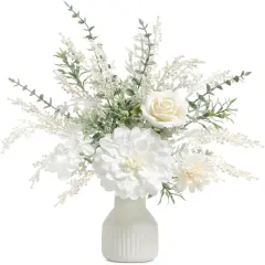 Artificial Flowers in Ceramic Vase, White Faux Flowers with Vase,Centerpieces Coffee Table Decor, Silk Flower Arrangements