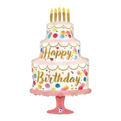 Betallic&reg; 33 Inch Happy Birthday Satin Pink Cake Foil Mylar Balloon