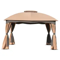 Polyester and Steel Gazebo with Mesh Walls, Curtains and Double Roof Brown