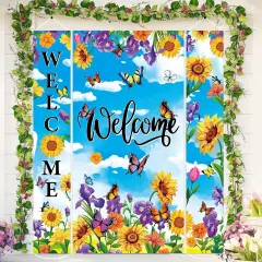 3Pcs Floral Welcome Door Cover Watercolor Flower Sunflower Butterfly Hanging Porch Banner for Spring Seasonal Indoor Outdoor Home Party Decor