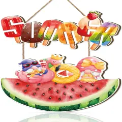 Hello Summer Door Sign,Watermelon Door Hanger,Summer Welcome Wood Decor,Watermelon Gnome Hanging Decor,Popsicle Ice Lolly Ice Cream Wall Plaque for Outdoor Home Office Yard Porch Pool Party