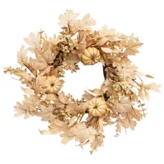 Light Beige-Brown Fabric Fall Leaves Wreath with Foam Berries and Pumpkins
