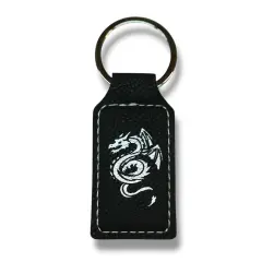 Keychain - Rectangle - Flying Dragon - Leather Black/Silver