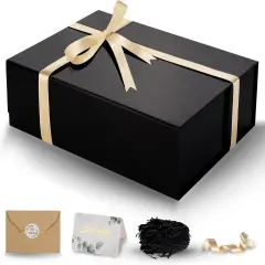 Large Gift Box with Lid, 13.5 x 10 x 3.5 Inch Black Magnetic Gift Box for Presents with Card, Ribbon, Filler, Collapsible Boxes of Paper for Birthday, Wedding (Glossy)