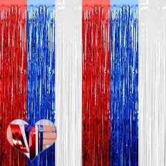 4 Pack 3.2Ft x 8.2Ft Independence Day Fringe Curtain Backdrop, Red Blue White Metallic Tinsel Foil Fringe Streamers Curtains Background for Photo Booth Birthday Wedding Carnival Party Decorations