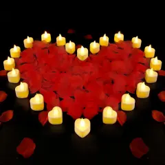 2000 Pcs Red Artificial Rose Petals with 24 Pcs Heart Shape Flameless Led Candles,Rose Petals and Candles Set,Romantic Decorations