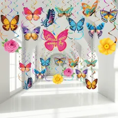 30 Pcs Butterfly Flowers Hanging Swirl Decorations Summer Butterfly Floral Baby Shower Foil Ceiling Streamers for Women Girl Kids Wedding Birthday Mother's Day 1st Birthday Party Supplies (Elegant)