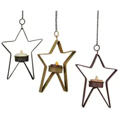 Multi-Color Metal Hanging Star Tealight Holder Set and Rustic Decor, 3 Asst
