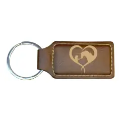 Keychain - Rectangle - Girl and Horse Heart - Leather Rustic/Gold