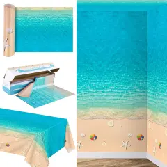 Summer Beach Tablecloth Roll with Cutter Box 100 Ft X 54 Inch Beach Themed Party Tablecover Disposable Beach Ball Plastic Tablecloth Ocean Backdrop for Summer Beach Pool Birthday Party Supply