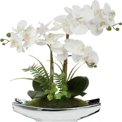 Artificial Flowers 15" White Phalaenopsis Orchid with Silver Pots Real Touch Faux Orchid Plant