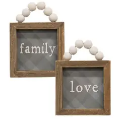 2 Asstd. Love and Family Plaid Wooden Signs with Beaded Hangers Ready to Hang