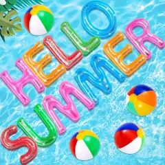 Hello Summer Floating Pool Letters Summer Party Decoration Inflatable Floats Letters Decoration Surfboard Hawaiian Luau Inflatable Signs with 4 Beach Balls