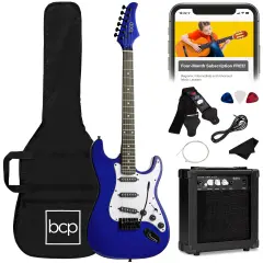 Best Choice Products 39in Full Size Beginner Electric Guitar Kit with Case, Strap, Amp, Whammy Bar Metallic Blue