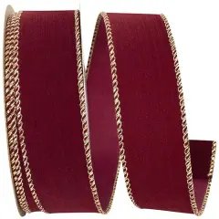 Outdoor Ribbon --- 1-1/2 inch x 10 yards - Value Velvet Wired Edge Ribbon -- Burgundy / Gold Color