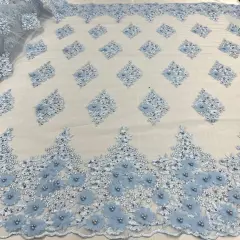 1 Yard Beaded 3D Floral Lace Fabric Embroidered on 100% Polyester Net Mesh 52" Width Lt. Blue