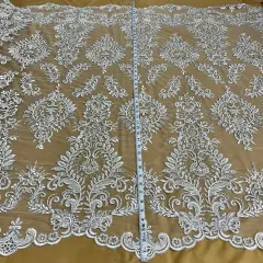 1 Yard Gold Beaded & Corded Bridal Lace Fabric, Embroidered on 100% Polyester Mesh, 52&rdquo; Width Silver