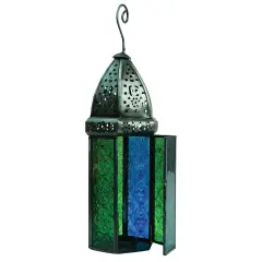 In the Breeze 9212 &mdash; Blue & Green Large Hex Tealight Lantern &mdash; Moroccan-Style Boho Chic Tealight Glass and Metal Tabletop Lantern