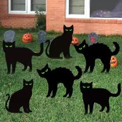 Halloween Decorations Outdoor, 6ct Black Cat Decor Yard Signs with Stakes, Scary Silhouette with Glow in Dark Eyes, Corrugated Plastic, Waterproof Lawn Decorations for Kids Family Home Party