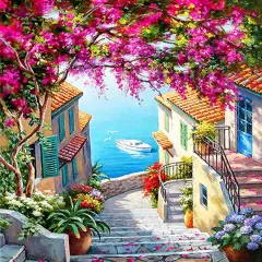 5D Diamond Art Kits for Adults Beginners,Seaside Town DIY Painting with Round Full Drill Diamonds Painting Mosaic Gems Art for Home Office Wall Decor 12x16 Inch