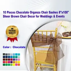 10 Pieces Chocolate Organza Chair Sashes 8"x108" Sheer Brown Chair Decor for Weddings & Events