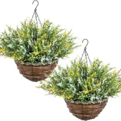 2 Sets Artificial Lavender with Hanging Basket &ndash; Faux Flowers for Porch & Garden Decor