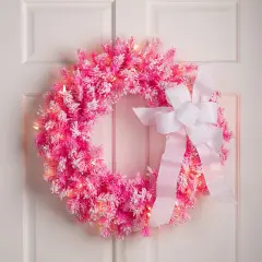 Northlight Pre-Lit Flocked Pine ArtificialChristmas Wreath - 24" - Pink - Clear Lights