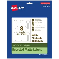 Avery Recycled Matte White Labels,1-1/2" x 4" Lollipop