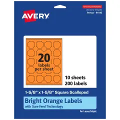 Avery Bright Orange Paper Labels, 1-5/8" x 1-5/8" Square Scalloped