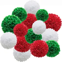 Red Green White Paper Pom Poms, Party Decoration Kit 21pcs of 8,10,12 inch Tissue Flowers for Christmas Graduation Birthday Fiesta Celebration Events