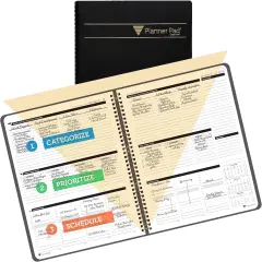 Planner Pad Spiral Bound January-December 2025/ Calendar Year 8 1/2" x 11" Large 3-Tier Funnel Down 12 Month Organizer, Black Cover/Black Ink