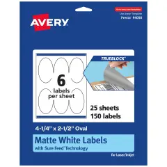 Avery TrueBlock Matte White Paper Labels,4-1/4" x 2-1/2" Oval