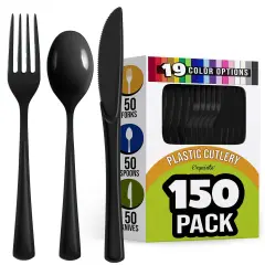 Exquisite Polished Plastic Silverware &ndash; 150 Pcs Heavy Duty Cutlery Set &ndash; 50 Each of Forks, Knives & Spoons &ndash; Disposable Utensil Set for Parties, Events & Catering &ndash; Flatware Set by Party Solids Black