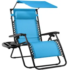 Best Choice Products Folding Zero Gravity Recliner Patio Lounge Chair w/ Canopy Shade, Headrest, Tray Light Blue
