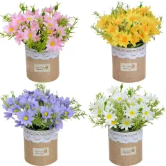 Summer Artificial Potted Flowers - Set of 4 Mini Fake Potted Silk Daisy Flowers