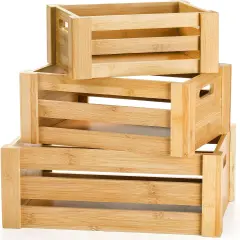 Set of 3 Bamboo Nesting Crates with Handles, Rustic Decorative Storage Container Box, Crate Box for Display, Farmhouse Bamboo Basket Bins for Fruit, Vegetable, Kitchen, Office, Bedroom, Closet