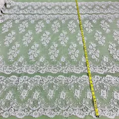 1 Yard White Beaded & Corded Bridal Lace Fabric, 51" Wide Embroidered Polyester Mesh Ivory