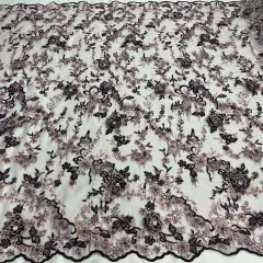 1 Yard Beaded Rhinestone 3D Floral Lace Fabric for Bridal Dresses Dance Costumes 50" Width Purple