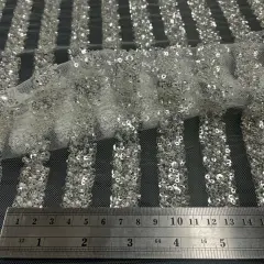 1 Yard Blush Beaded Lace Embroidered Fabric on Polyester Mesh, 54" Wide Off White Silver