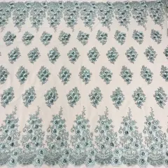 1 Yard Beaded & Rhinestone 3D Floral Embroidered Lace Fabric, Black Polyester Mesh, 54&rdquo; Wide Silver