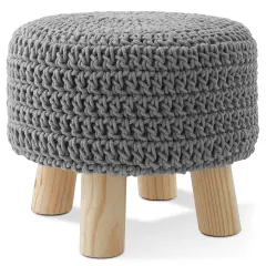 Pouf Ottoman Footstool, 13" Round x 11" High, Hand-Knitted Cotton Footrest, Non-Skid Wood Legs, Boho Foot Stool for Living Room, Bedroom