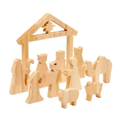 Unfinished Wooden Nativity Scene Set, DIY Christmas Decoration Crafts (11 Pieces) Brown