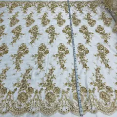 1 Yard Gold Beaded Corded Bridal Lace Fabric on Polyester Mesh, 53" Wide, Embroidered Luxury Fabrication