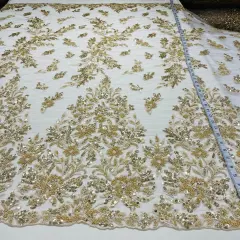 1 Yard Beaded Embroidered Lace Fabric on 100% Polyester Net Mesh, GD-5926, 52" Wide Gold