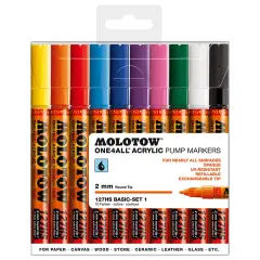 Molotow ONE4ALL Acrylic Paint Marker Set, 10 Basic Colors #1, 2mm, Assorted Colors, 1 Set Each