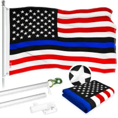 G128 - 6 Feet Tangle Free Spinning Flagpole (Silver) Blue Lives Matter Flag Brass Grommets Embroidered 3x5 ft (Flag Included) Aluminum Flag Pole