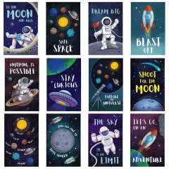 12 Pack Outer Space Posters for Classroom Decor, Kids Room Decorations, Inspirational Quotes (11 x 17 in) Blue