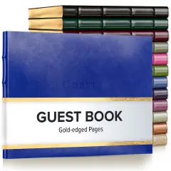 Gallery Leather Guest Book Special Events, add Photos, 192 Lined Pages, Bonded Leather, Hardcover, Gold-Gilded, Guestbook Acadia Malibu
