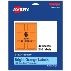 Avery Bright Orange Paper Labels, 3" x 3" Square