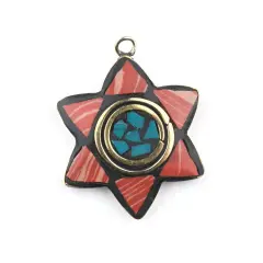 The Bead Chest Nepali Star of David Pendant: Authentic Ethnic Judaica Brass Charm Inlaid with Stone for DIY Necklace and Jewelry (Coral & Green)